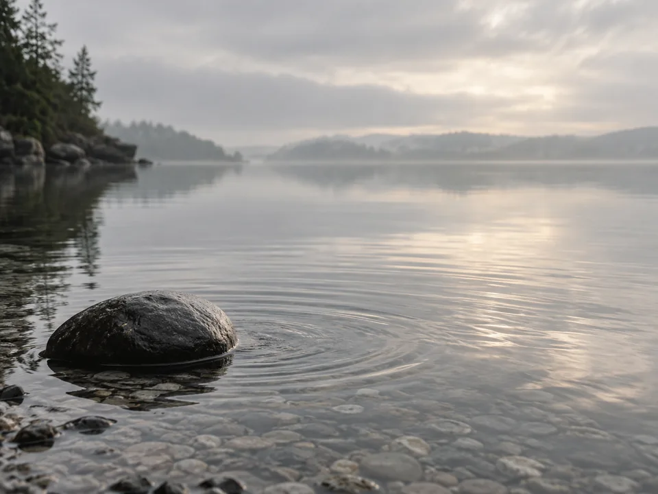 Soft morning light over a quiet lake, with gentle ripples around a shoreline stone