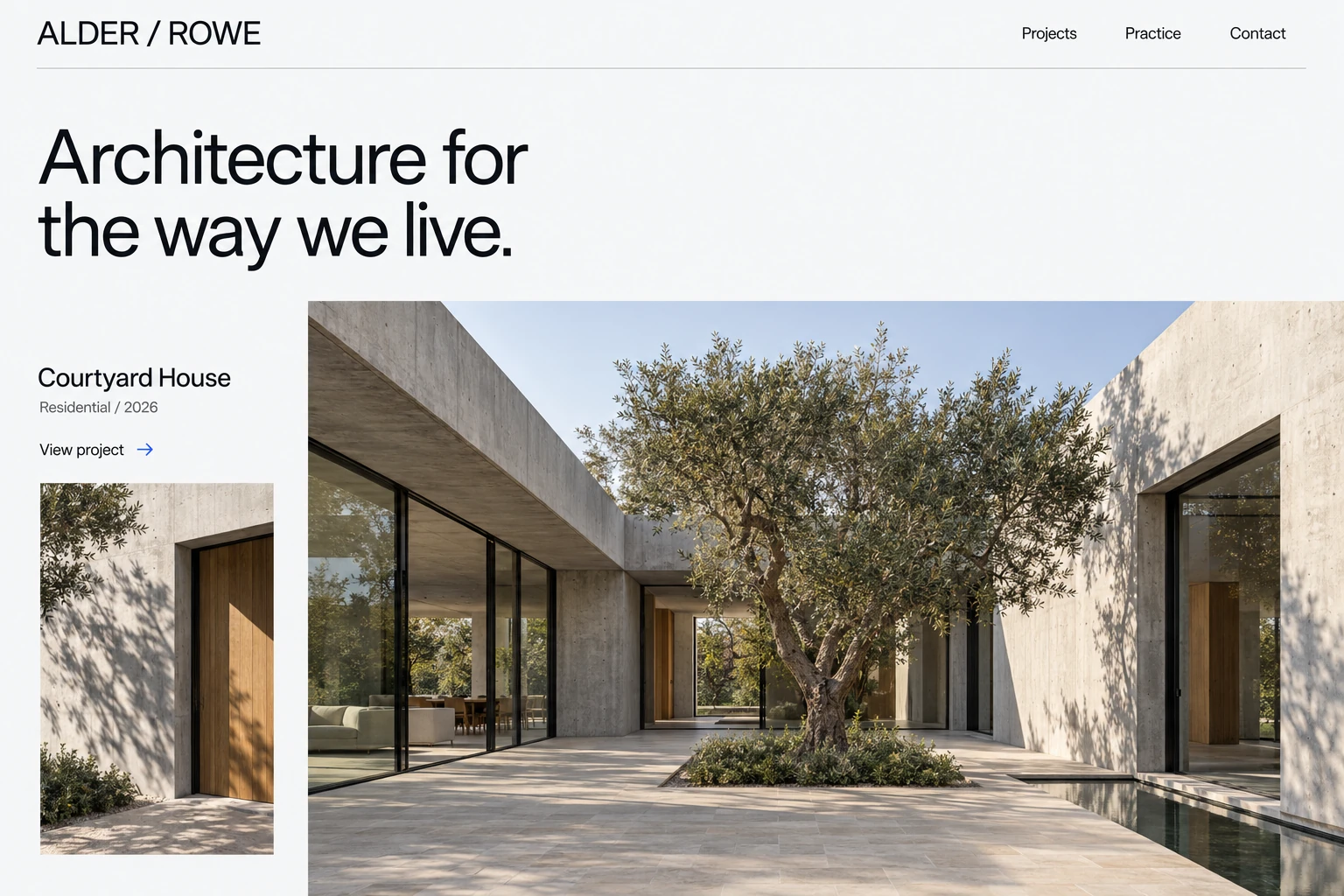 Alder / Rowe website concept: bold black typography, a concrete courtyard residence and a clear path to view the project.