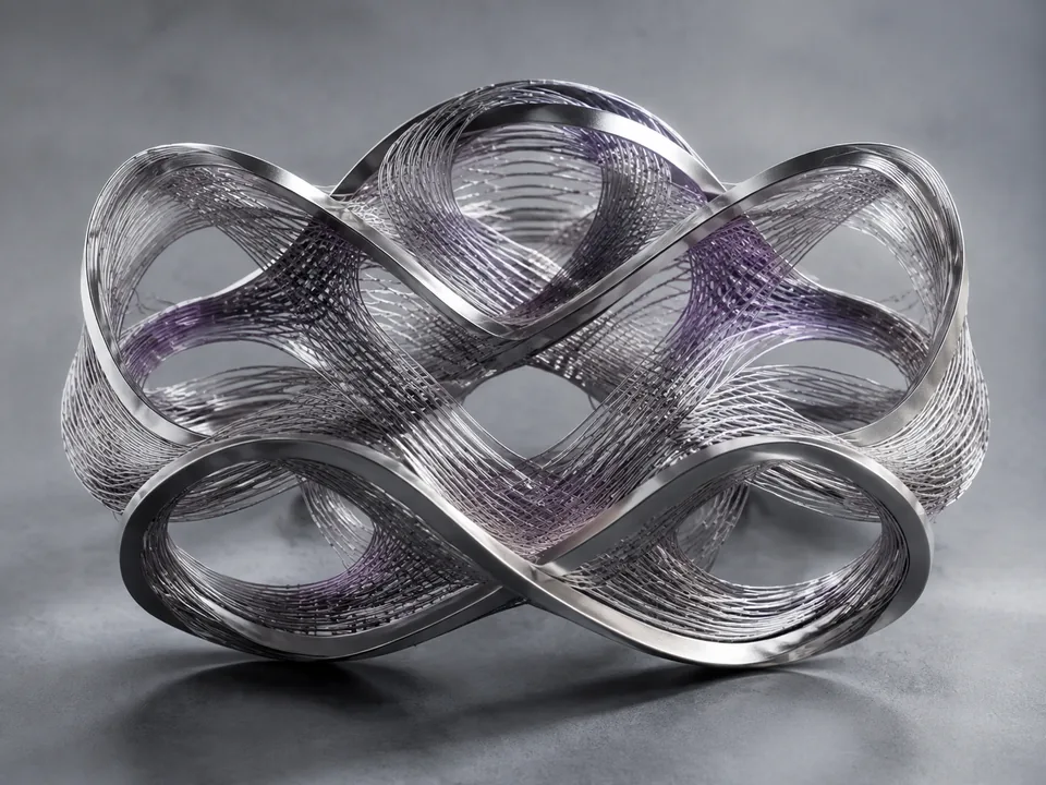 Interwoven metallic strands forming an abstract computational structure
